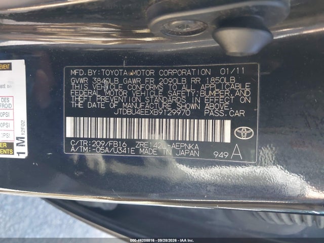 46208816 :رقم المزاد ، JTDBU4EEXB9129970 vin ، 2011 Toyota Corolla Le مزاد بيع