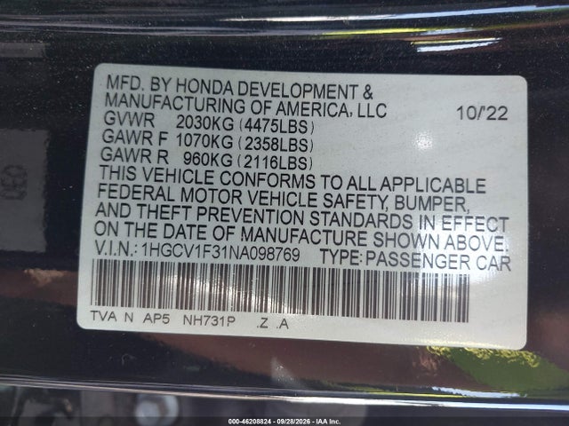 Aukcja sprzedaży 2022 Honda Accord Sport, vin: 1HGCV1F31NA098769, numer aukcji: 46208824