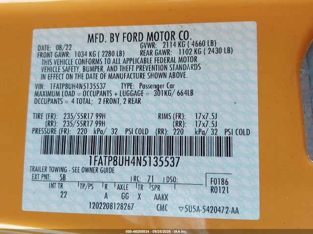 Aukcja sprzedaży 2022 Ford Mustang Ecoboost, vin: 1FATP8UH4N5135537, numer aukcji: 46208834