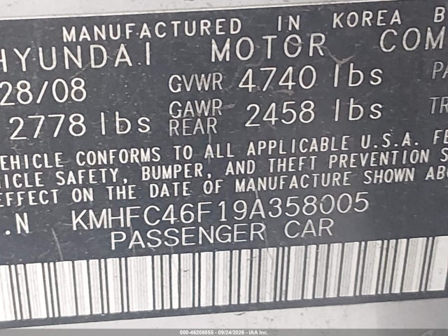 2009 Hyundai Azera Limited მანქანა იყიდება აუქციონზე, vin: KMHFC46F19A358005, აუქციონის ნომერი: 46208855