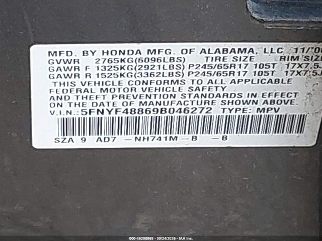 Продажа на аукционе авто 2009 Honda Pilot Touring, vin: 5FNYF48869B046272, номер лота: 46208868