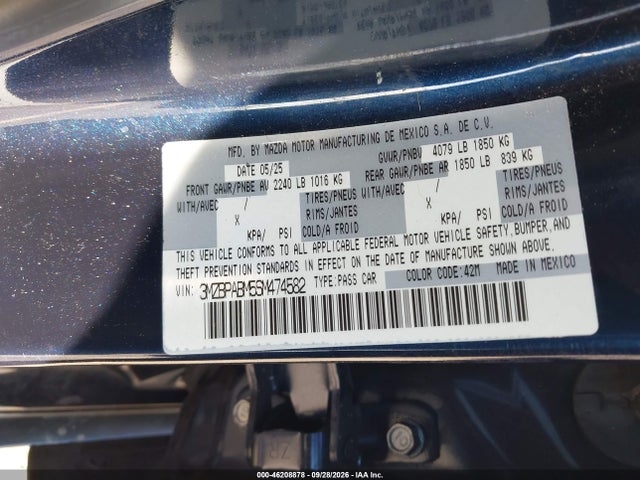 2025 Mazda Mazda3 2.5 S Select Sport მანქანა იყიდება აუქციონზე, vin: 3MZBPABM5SM474582, აუქციონის ნომერი: 46208878