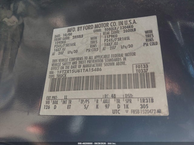 2001 Ford Ranger Edge/xlt მანქანა იყიდება აუქციონზე, vin: 1FTZR15U61TA15486, აუქციონის ნომერი: 46208880