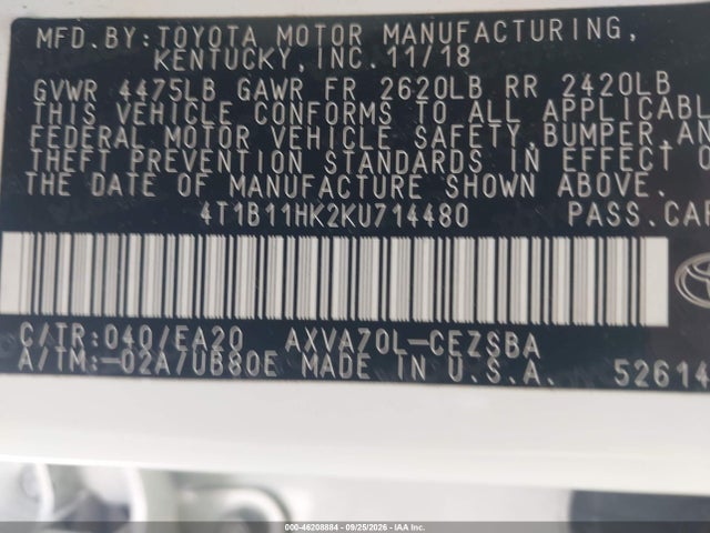 46208884 :رقم المزاد ، 4T1B11HK2KU714480 vin ، 2019 Toyota Camry Se مزاد بيع
