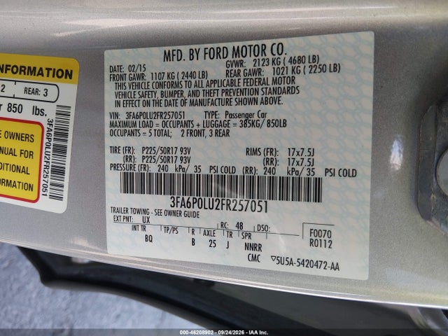 2015 Ford Fusion Hybrid Se მანქანა იყიდება აუქციონზე, vin: 3FA6P0LU2FR257051, აუქციონის ნომერი: 46208902
