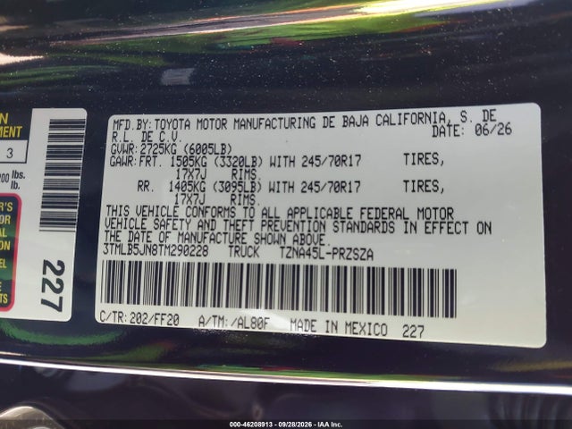 46208913 :رقم المزاد ، 3TMLB5JN8TM290228 vin ، 2026 Toyota Tacoma Sr5 مزاد بيع