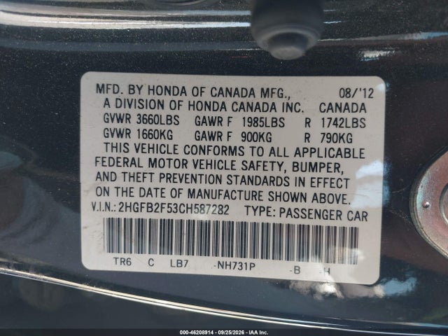 Продаж на аукціоні авто 2012 Honda Civic Lx, vin: 2HGFB2F53CH587282, номер лоту: 46208914