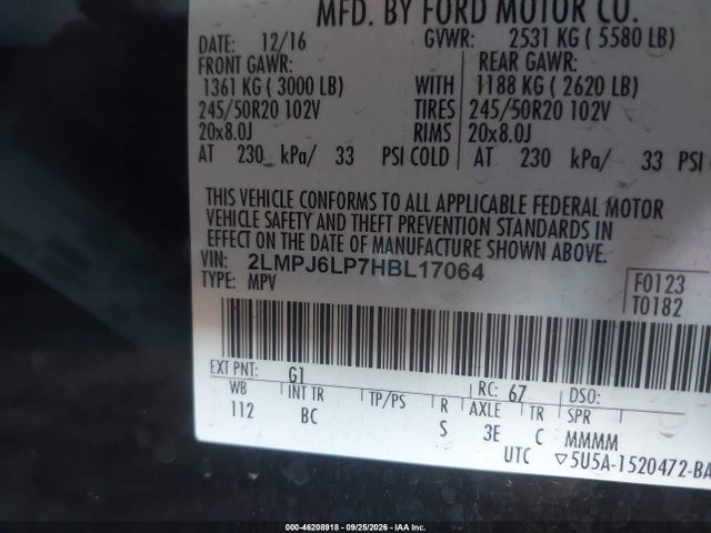 46208918 :رقم المزاد ، 2LMPJ6LP7HBL17064 vin ، 2017 Lincoln Mkx Reserve مزاد بيع