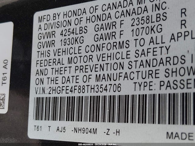 46208924 :رقم المزاد ، 2HGFE4F88TH354706 vin ، 2026 Honda Civic Hybrid Sport/sport Touring مزاد بيع