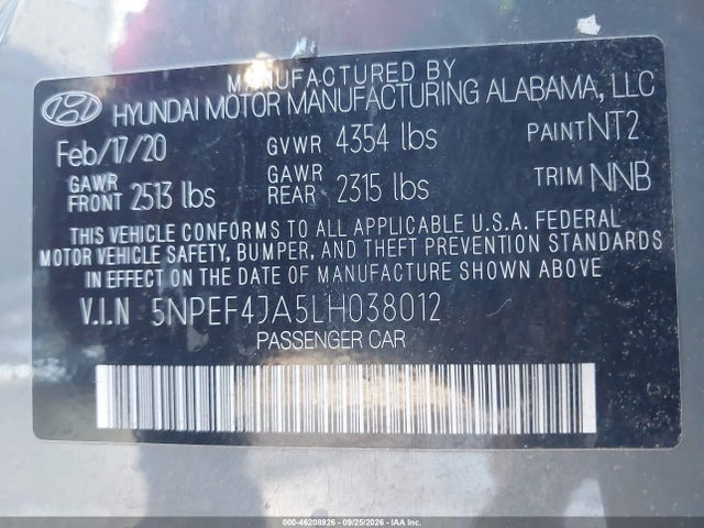 Продаж на аукціоні авто 2020 Hyundai Sonata Sel, vin: 5NPEF4JA5LH038012, номер лоту: 46208926