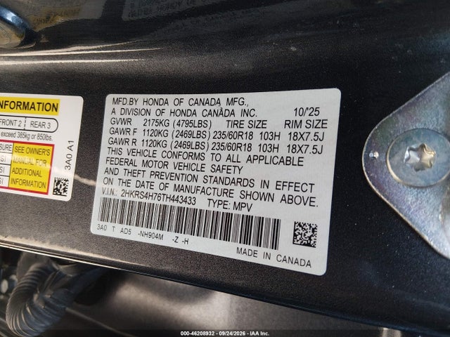 2026 Honda Cr-v Ex-l Awd მანქანა იყიდება აუქციონზე, vin: 2HKRS4H76TH443433, აუქციონის ნომერი: 46208932