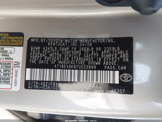 Продажа на аукционе авто 2007 Toyota Camry Le, vin: 4T1BE46K87U022899, номер лота: 46208949