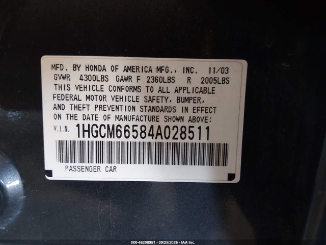 2004 Honda Accord 3.0 Ex მანქანა იყიდება აუქციონზე, vin: 1HGCM66584A028511, აუქციონის ნომერი: 46208951