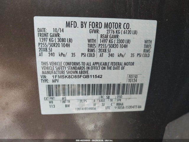 46208955 :رقم المزاد ، 1FM5K8D85FGB11542 vin ، 2015 Ford Explorer Xlt مزاد بيع
