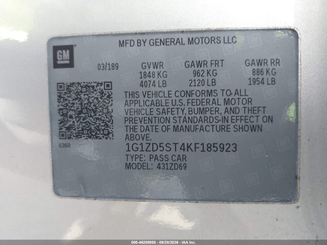 Продаж на аукціоні авто 2019 Chevrolet Malibu Lt, vin: 1G1ZD5ST4KF185923, номер лоту: 46208958