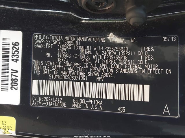 Aukcja sprzedaży 2013 Toyota Sienna Ltd, vin: 5TDYK3DC5DS374061, numer aukcji: 46208965