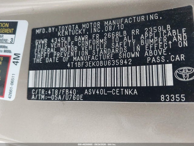46208985 :رقم المزاد ، 4T1BF3EK0BU635942 vin ، 2011 Toyota Camry Le مزاد بيع