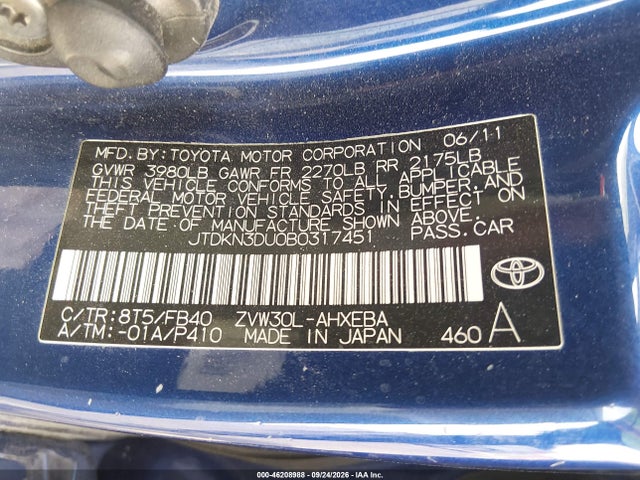 Продажа на аукционе авто 2011 Toyota Prius Two, vin: JTDKN3DU0B0317451, номер лота: 46208988