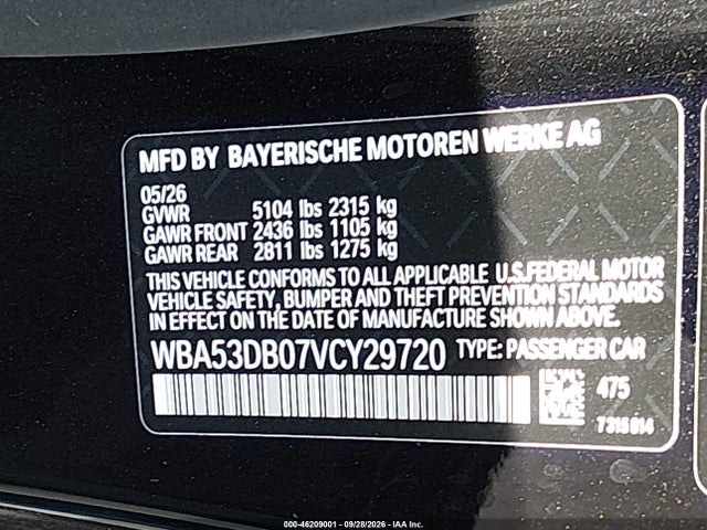 Auction sale of the 2027 Bmw 4 Series, vin: WBA53DB07VCY29720, lot number: 46209001