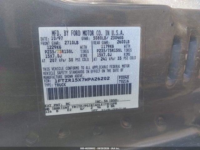 46209002 :رقم المزاد ، 1FTZR15X7WPA26202 vin ، 1998 Ford Ranger Splash/xl/xlt مزاد بيع