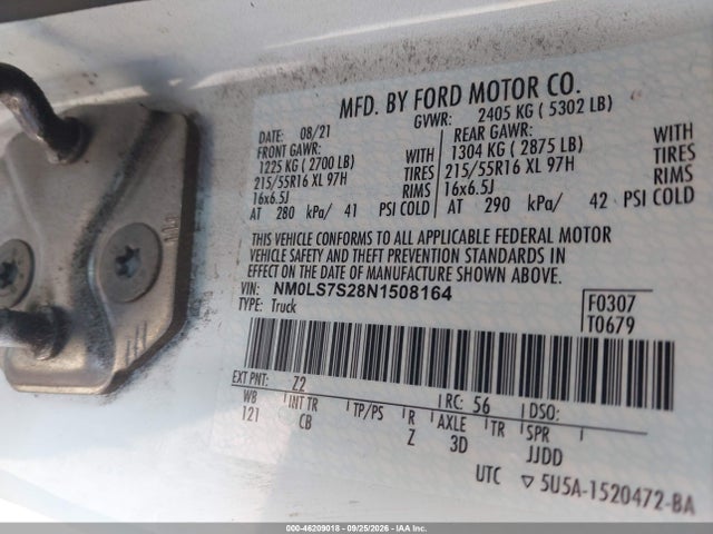 46209018 :رقم المزاد ، NM0LS7S28N1508164 vin ، 2022 Ford Transit Connect Xl مزاد بيع