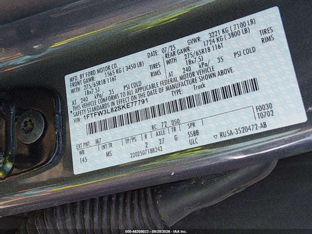 2025 Ford F-150 Xlt მანქანა იყიდება აუქციონზე, vin: 1FTFW3L82SKE77791, აუქციონის ნომერი: 46209022