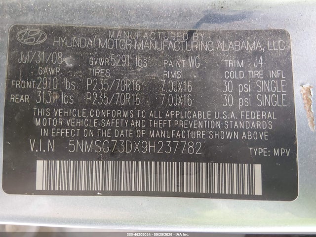 2009 Hyundai Santa Fe Gls მანქანა იყიდება აუქციონზე, vin: 5NMSG73DX9H237782, აუქციონის ნომერი: 46209034