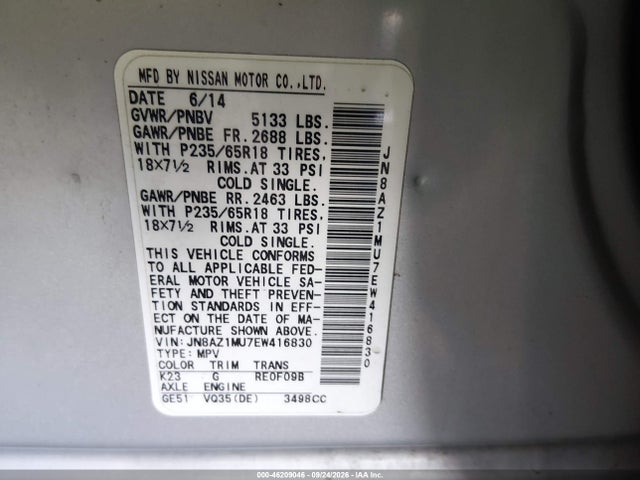 Aukcja sprzedaży 2014 Nissan Murano Sv, vin: JN8AZ1MU7EW416830, numer aukcji: 46209046