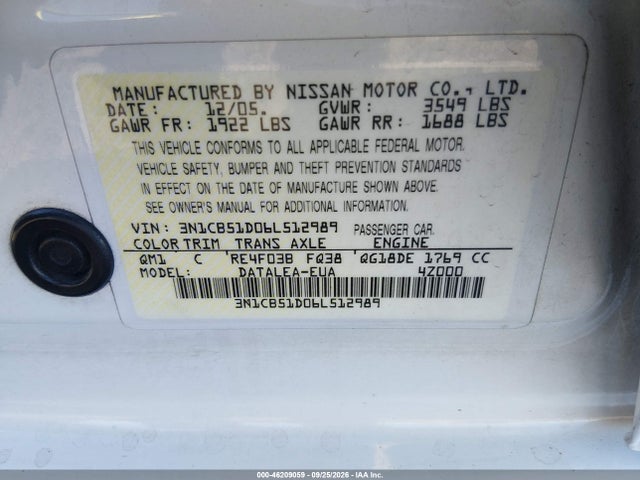 Продажа на аукционе авто 2006 Nissan Sentra 1.8s, vin: 3N1CB51D06L512989, номер лота: 46209059