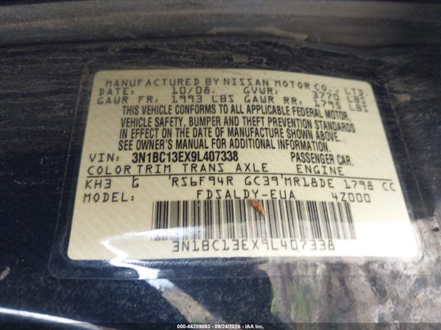 Aukcja sprzedaży 2009 Nissan Versa 1.8s, vin: 3N1BC13EX9L407338, numer aukcji: 46209063