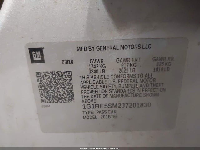 Продажа на аукционе авто 2018 Chevrolet Cruze Lt Auto, vin: 1G1BE5SM2J7201830, номер лота: 46209087