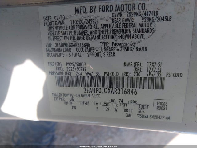 46209097 :رقم المزاد ، 3FAHP0JGXAR316846 vin ، 2010 Ford Fusion Sel مزاد بيع