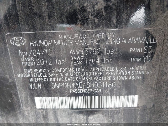 Продажа на аукционе авто 2011 Hyundai Elantra Gls, vin: 5NPDH4AE4BH051180, номер лота: 46209100