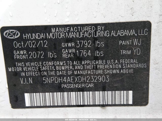 Продаж на аукціоні авто 2013 Hyundai Elantra Gls, vin: 5NPDH4AEXDH232903, номер лоту: 46209106