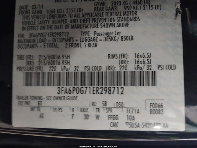 Продажа на аукционе авто 2014 Ford Fusion S, vin: 3FA6P0G71ER298712, номер лота: 46209116