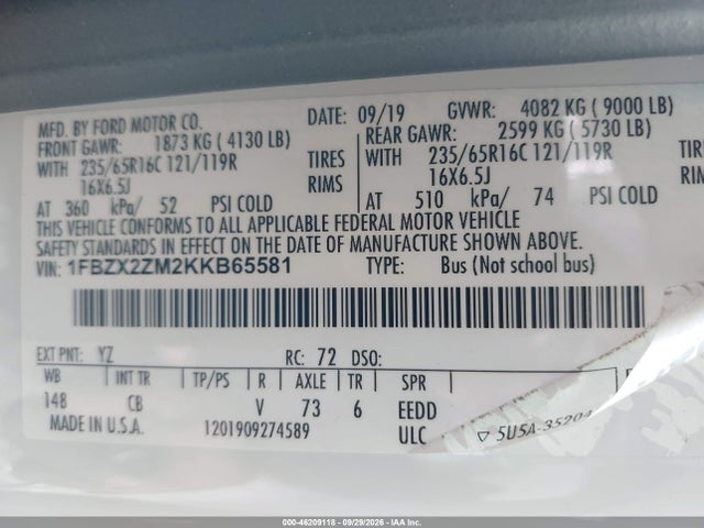 Aukcja sprzedaży 2019 Ford Transit-350 Xlt, vin: 1FBZX2ZM2KKB65581, numer aukcji: 46209118