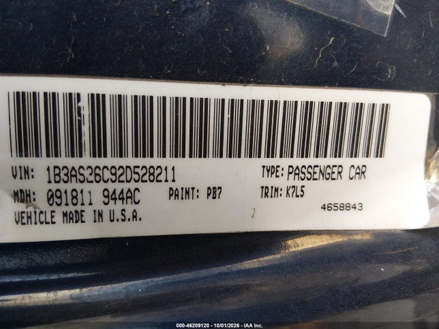 2002 Dodge Neon მანქანა იყიდება აუქციონზე, vin: 1B3AS26C92D528211, აუქციონის ნომერი: 46209120