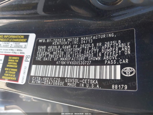 2013 Toyota Camry Se V6 მანქანა იყიდება აუქციონზე, vin: 4T1BK1FK6DU530727, აუქციონის ნომერი: 46209128