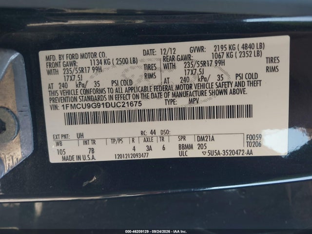 46209129 :رقم المزاد ، 1FMCU9G91DUC21675 vin ، 2013 Ford Escape Se مزاد بيع