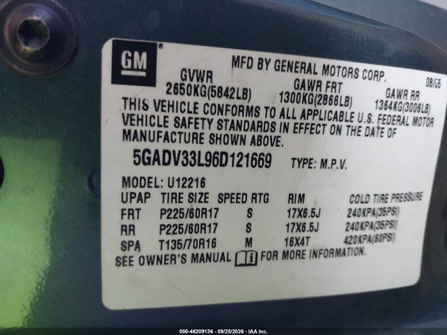 46209136 :رقم المزاد ، 5GADV33L96D121669 vin ، 2006 Buick Terraza Cxl مزاد بيع