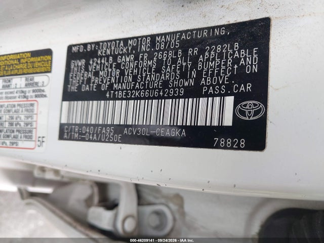 46209141 :رقم المزاد ، 4T1BE32K66U642939 vin ، 2006 Toyota Camry Xle مزاد بيع