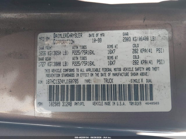 46209154 :رقم المزاد ، 1B7HC13Z4YJ160785 vin ، 2000 Dodge Ram 1500 St مزاد بيع
