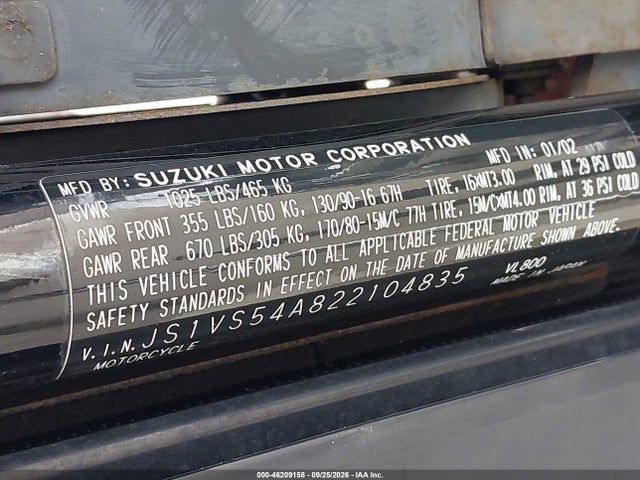 Продажа на аукционе авто 2002 Suzuki Vl800, vin: JS1VS54A822104835, номер лота: 46209158