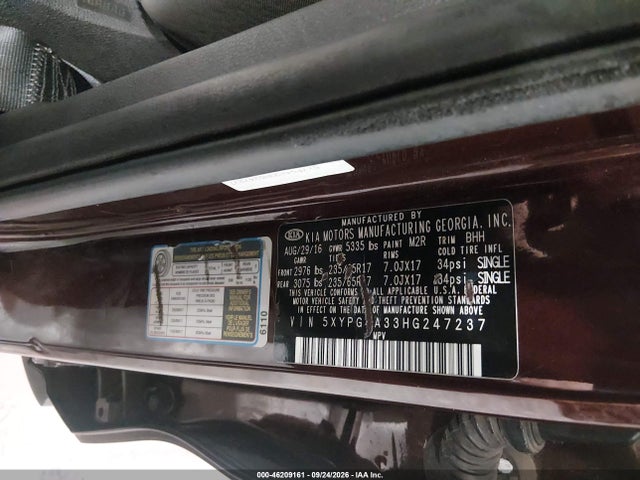 46209161 :رقم المزاد ، 5XYPG4A33HG247237 vin ، 2017 Kia Sorento 2.4l Lx مزاد بيع