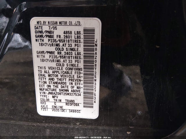 Продаж на аукціоні авто 2005 Nissan Murano S, vin: JN8AZ08T25W327534, номер лоту: 46209171