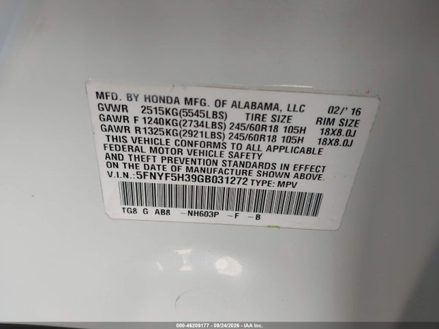 46209177 :رقم المزاد ، 5FNYF5H39GB031272 vin ، 2016 Honda Pilot Ex مزاد بيع