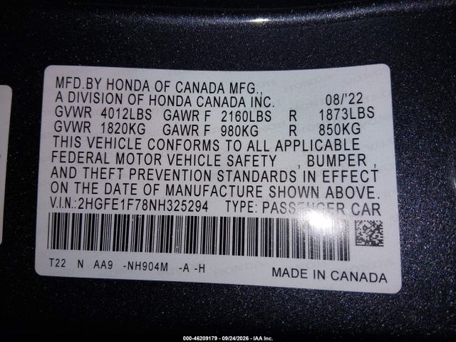 Honda CIVIC EX 2022 2HGFE1F78NH325294 Image 9