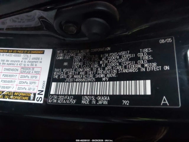 46209181 :رقم المزاد ، JTEBT14R868028925 vin ، 2006 Toyota 4runner Sr5 V8 مزاد بيع