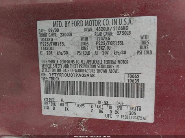 Продаж на аукціоні авто 2001 Ford Ranger Edge/xl/xlt, vin: 1FTYR10U01PA03958, номер лоту: 46209187