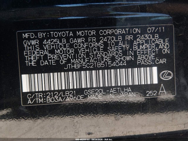 Продажа на аукционе авто 2011 Lexus Is 250, vin: JTHBF5C21B5154044, номер лота: 46209193